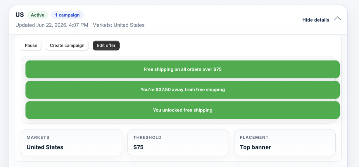 Lioriq Free Shipping A/B expanded United States market offer showing active free shipping banners, threshold, and placement
