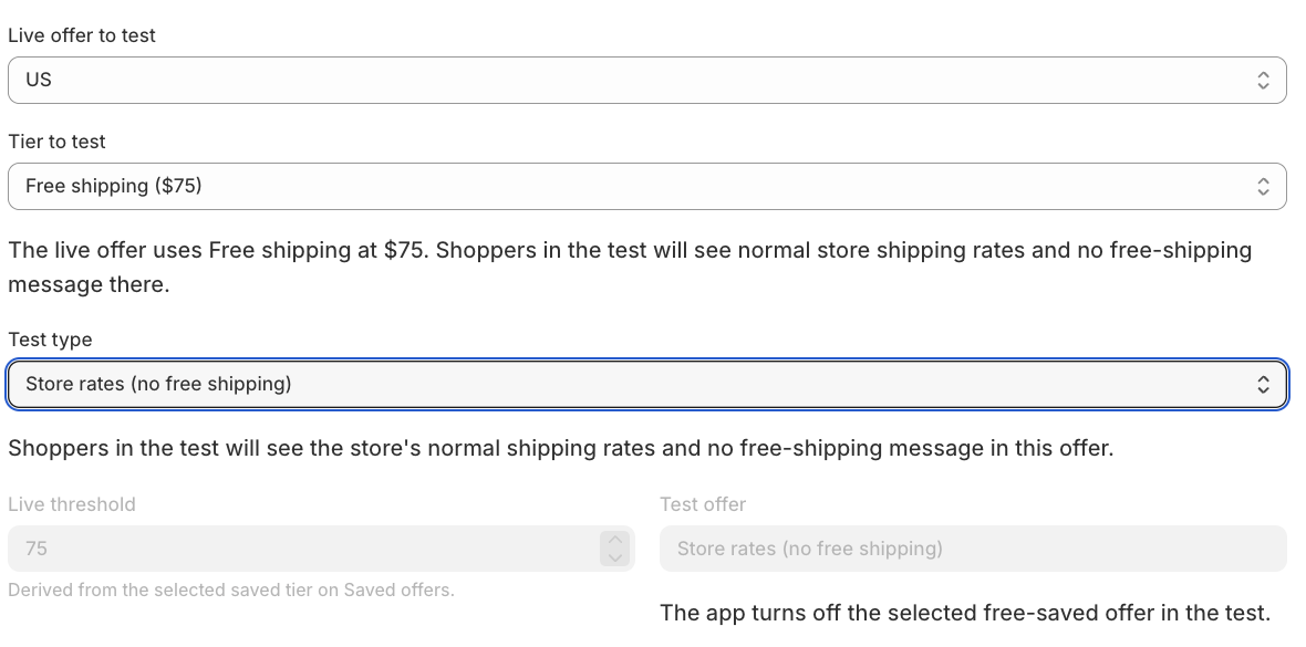 Lioriq Free Shipping A/B experiment setup showing store rates selected as the no-free-shipping test offer